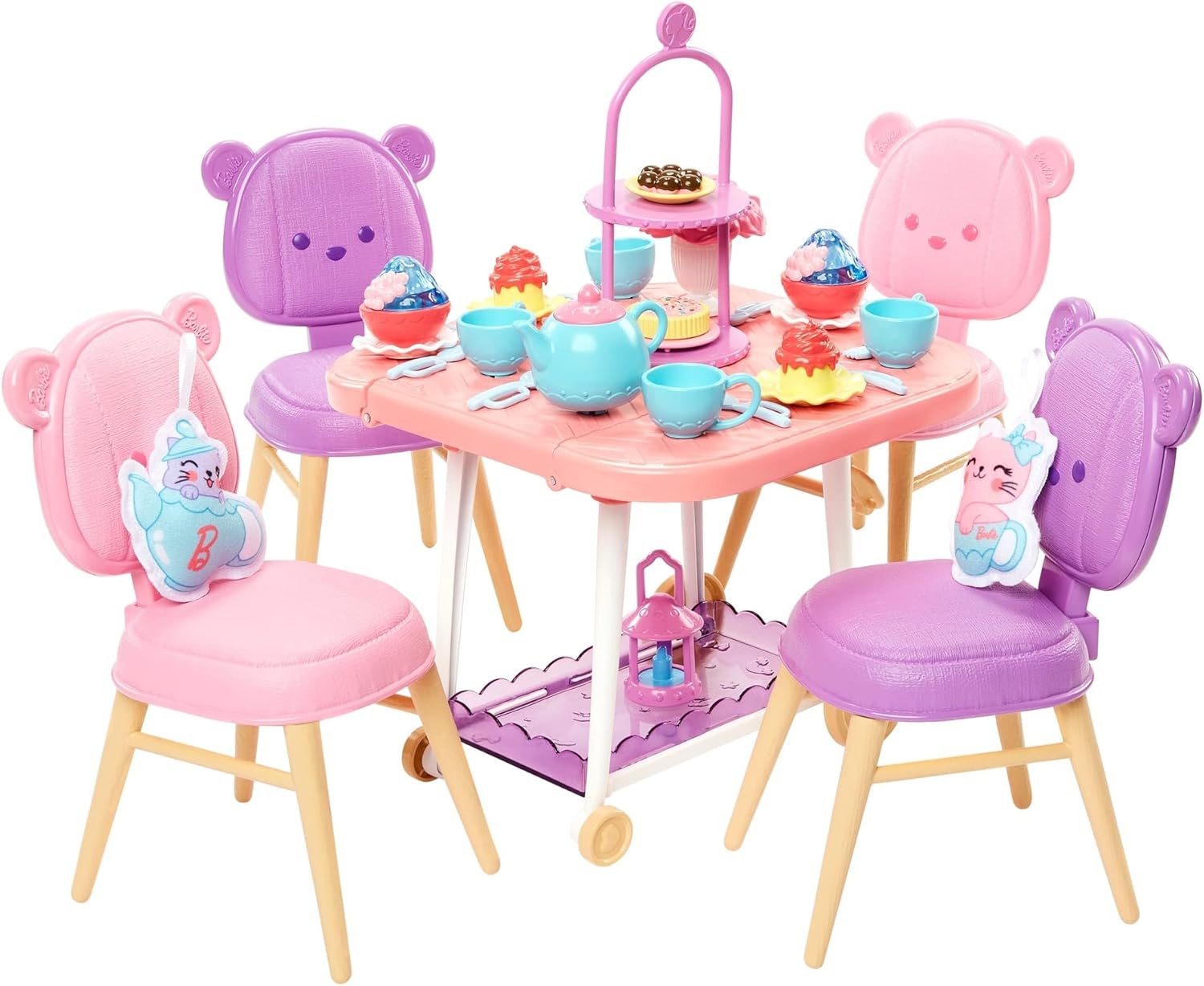 Ma Première Barbie, coffret Heure du Goûter jeu de thé avec chariot de desserts, 18 accessoires et 2 peluches HMM65