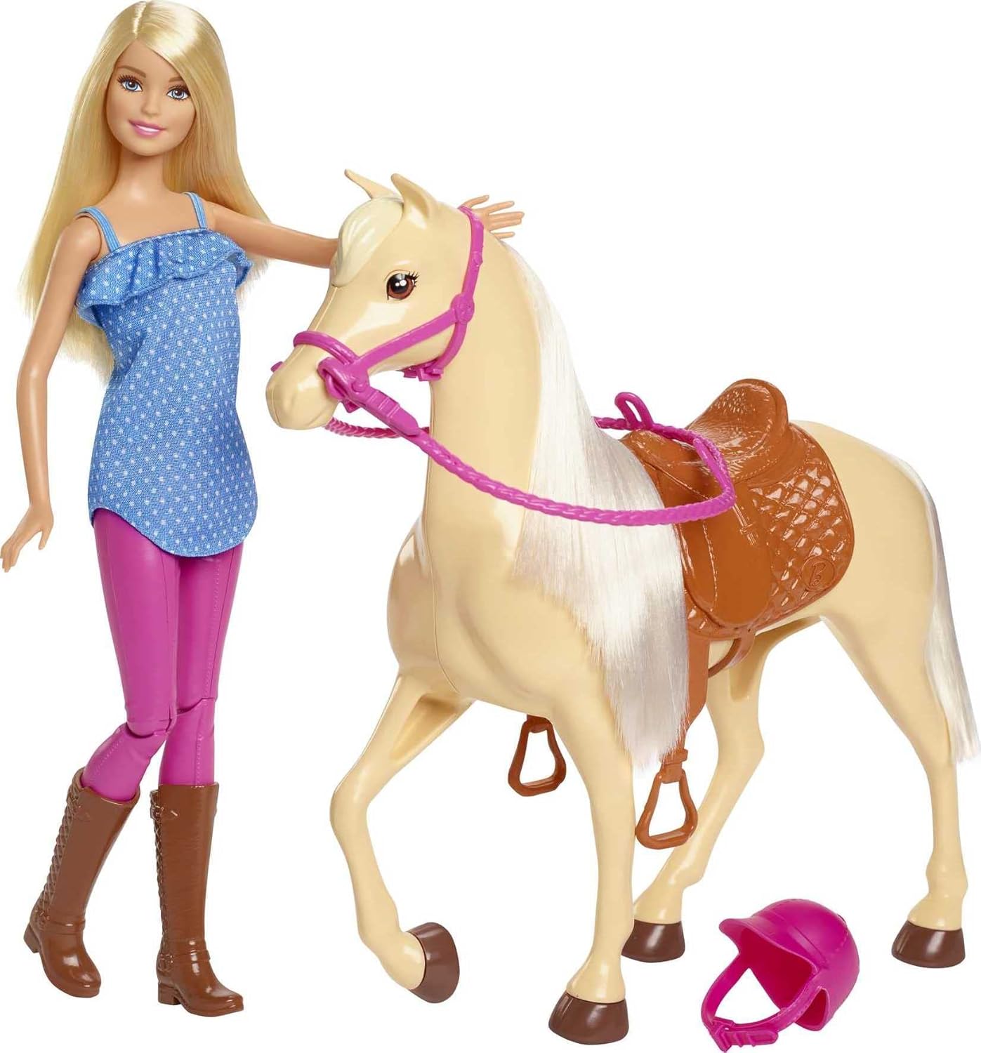 Barbie avec cheval crème et genoux articulés, poupée blonde FXH13