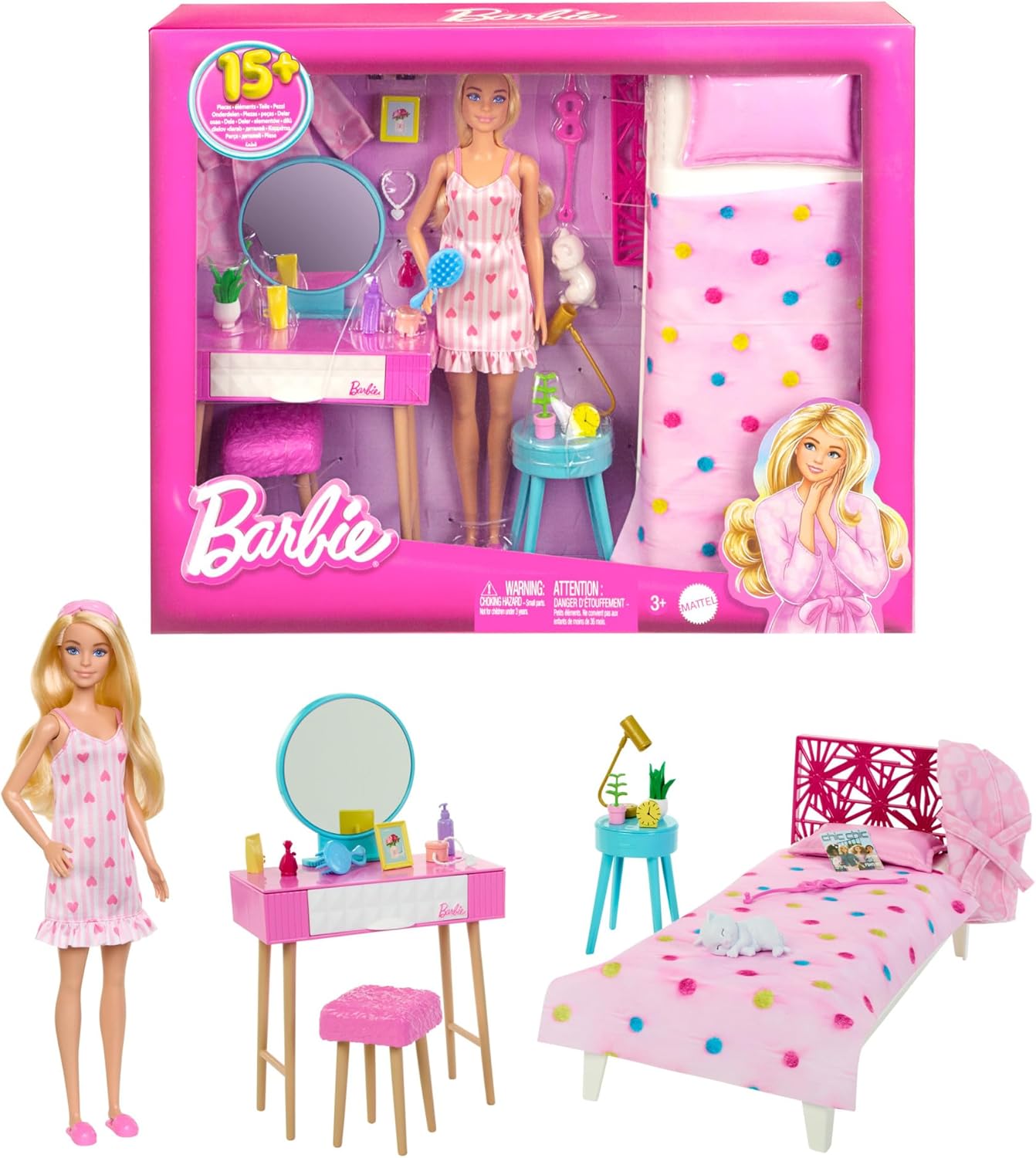 Coffret chambre Barbie avec poupée mannequin, lit, coiffeuse et chaton HPT55
