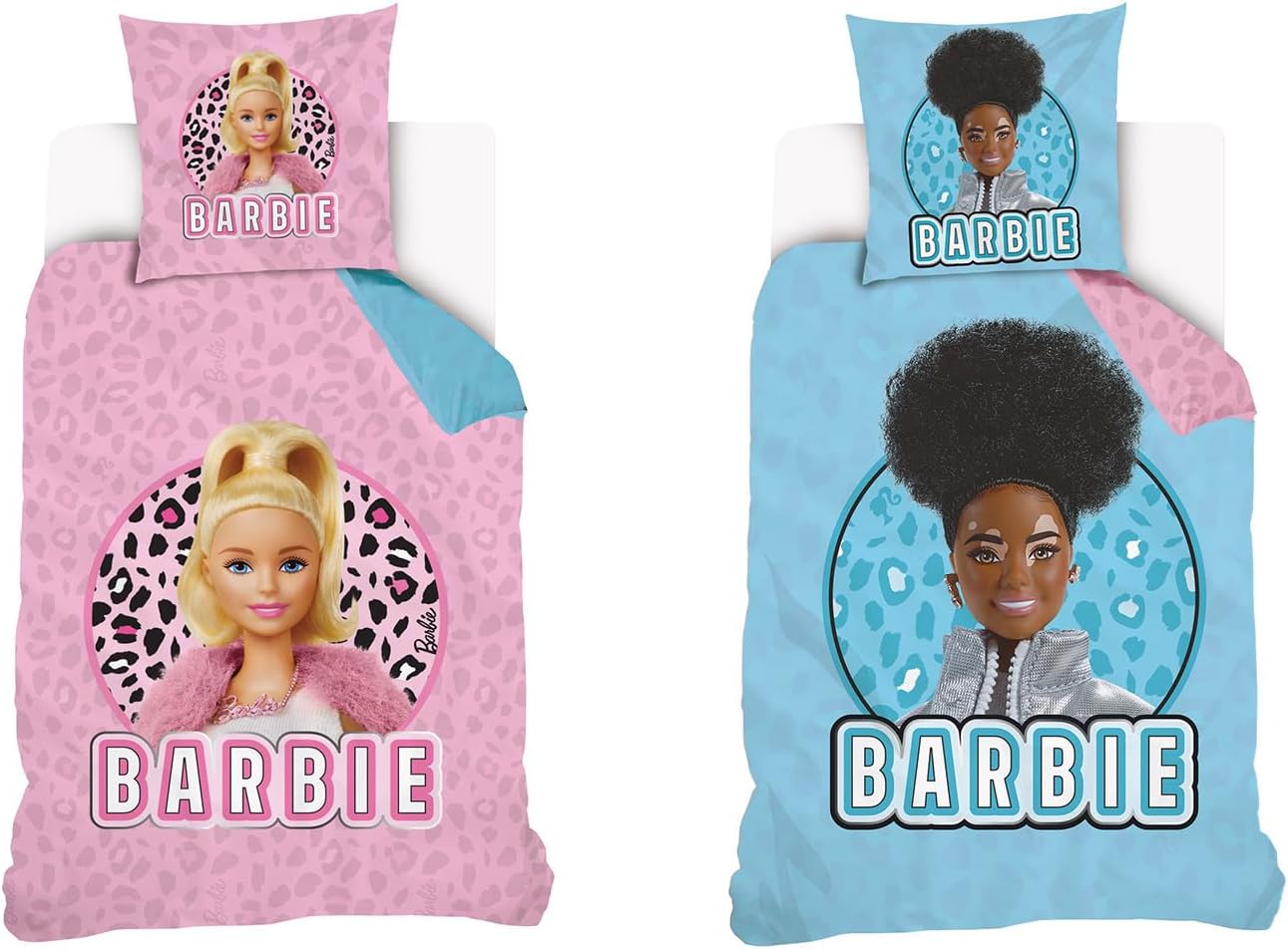 Parure Barbie réversible en 100% coton avec housse de couette 140x200 cm et taie 63x63 cm