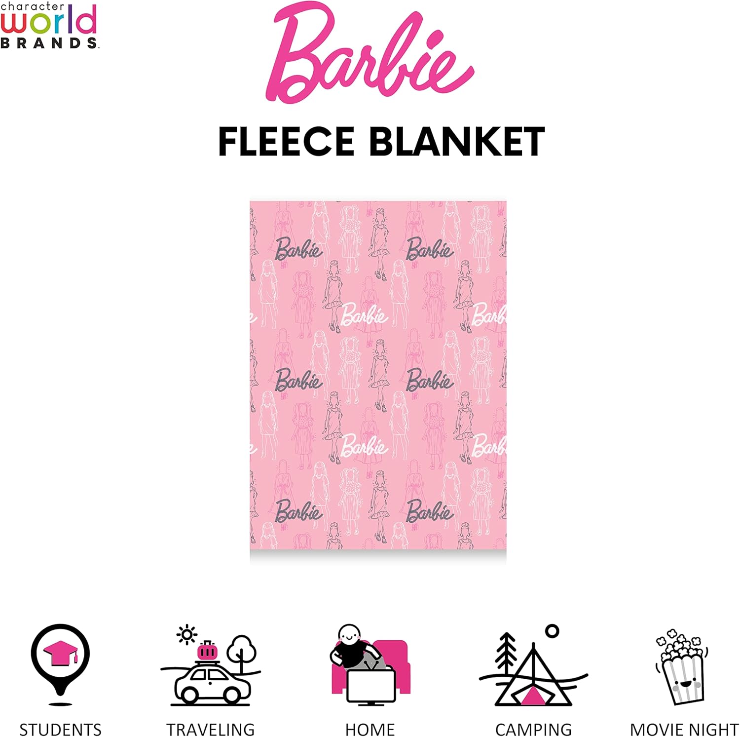 Couverture polaire Barbie rose à motif figurines – Image 3
