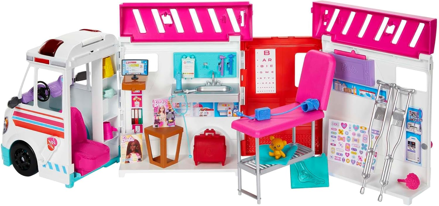Barbie Ambulance 2 en 1 avec clinique, lumières, sons et 20 accessoires HKT79