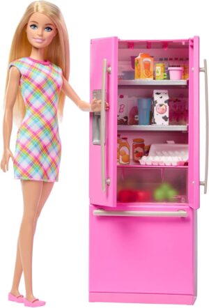 Cuisine Barbie avec poupée, réfrigérateur et 10 accessoires JKB52