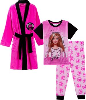 Ensemble Barbie rose 3 pièces avec peignoir et pyjama fille