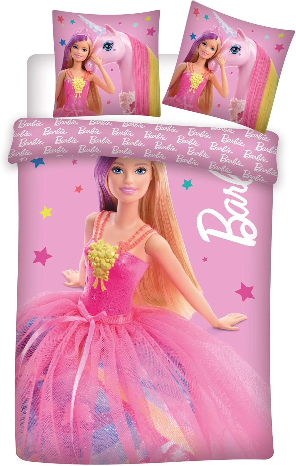 Parure de lit Barbie 100 % coton, 100 x 135 + 40 x 60 cm