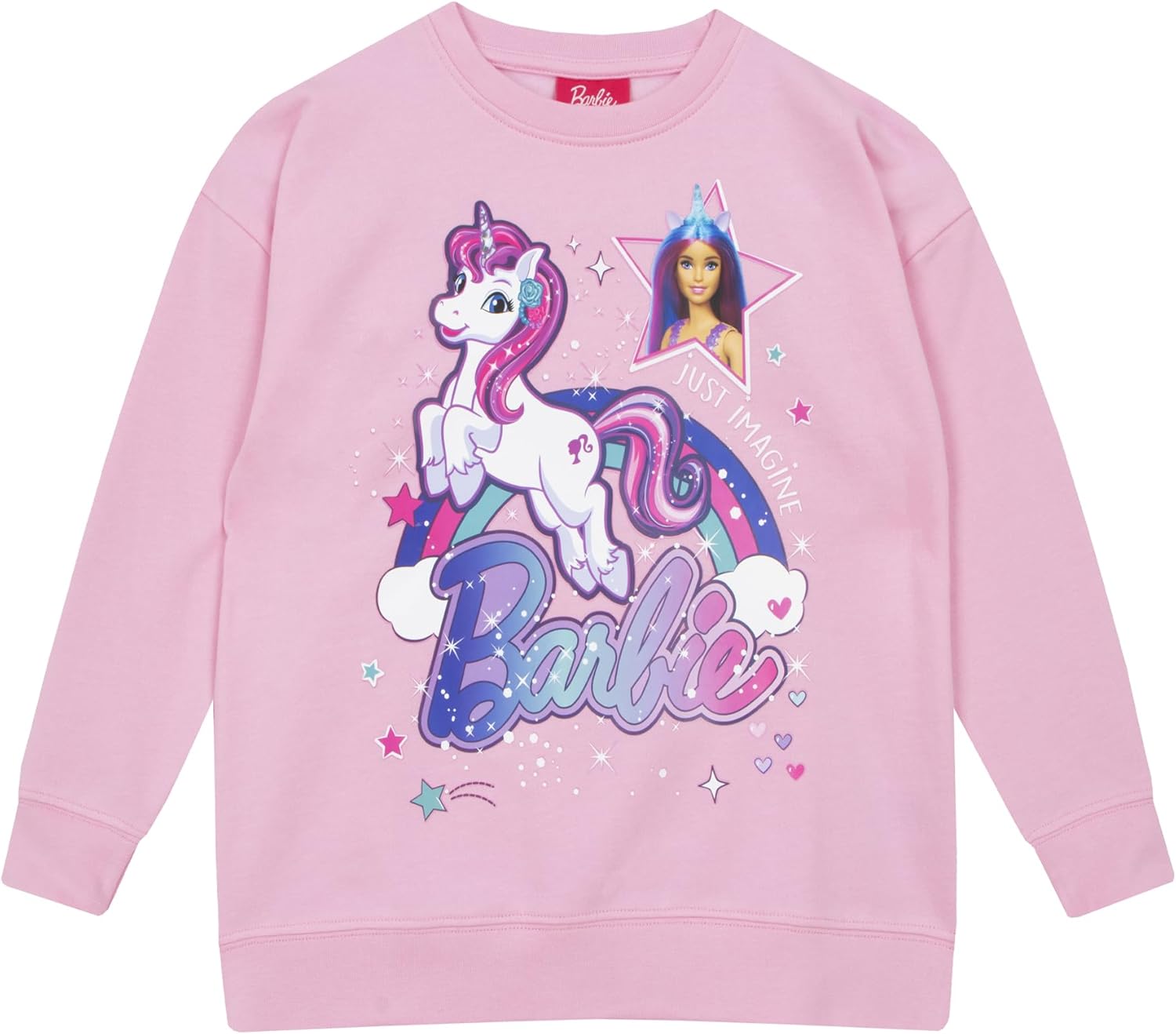 Pull Barbie fille avec licorne et arc-en-ciel