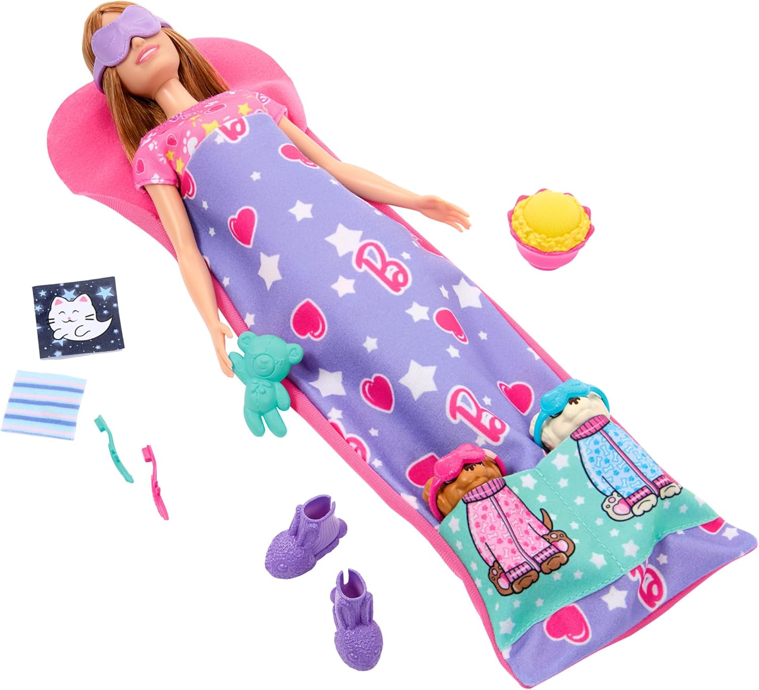 Barbie coffret soirée pyjama avec 2 chiots et changement de couleur HXN01 – Image 4