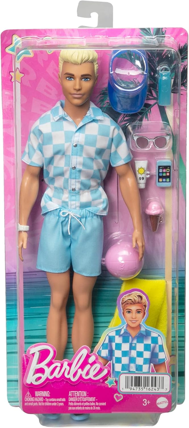 Ken Barbie blond de plage avec chemise bleue et accessoires HPL74 – Image 6