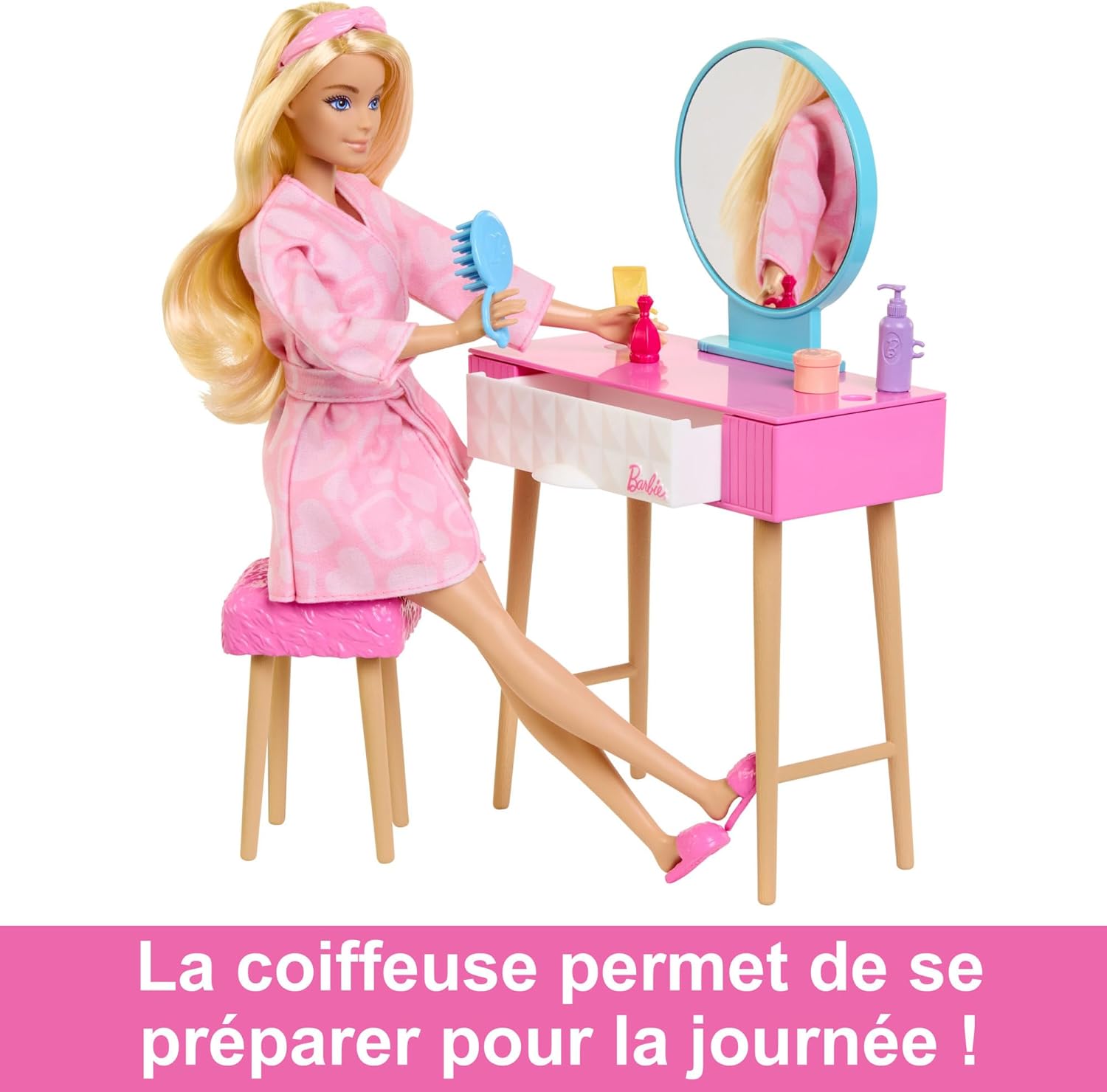 Coffret chambre Barbie avec poupée mannequin, lit, coiffeuse et chaton HPT55 – Image 7