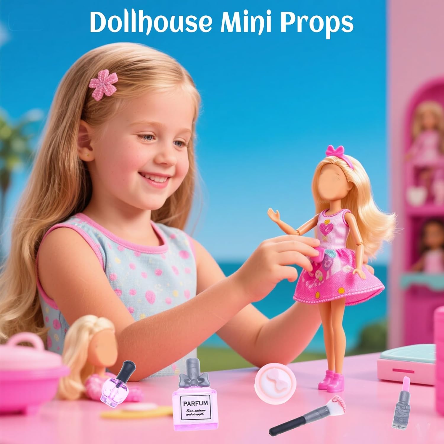 Accessoires de maquillage Barbie pour maison de poupée, coffret rose 5 pièces – Image 3