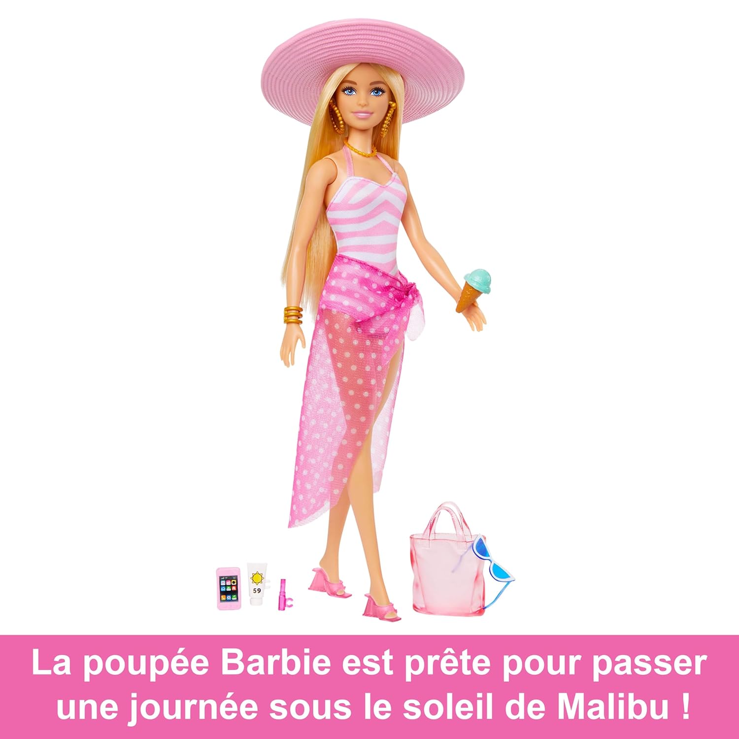 Barbie poupée blonde de plage avec maillot de bain rose et blanc, chapeau, sac et accessoires HPL73 – Image 5