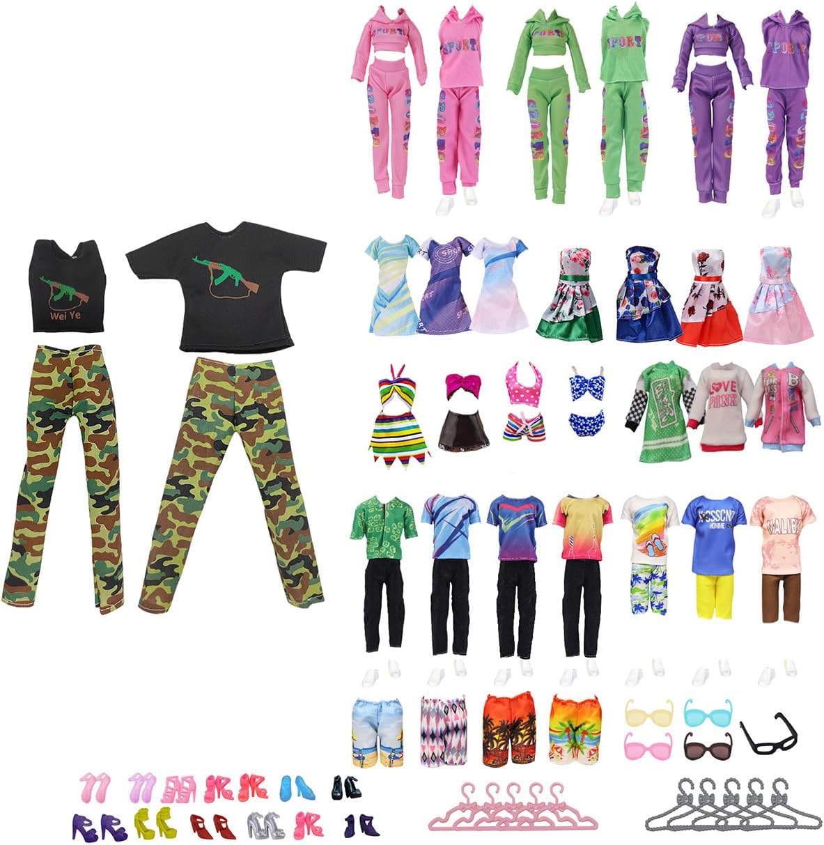 Lot compatible Barbie de 52 pièces avec 7 combinaisons et 26 chaussures pour poupées de 11,5 pouces