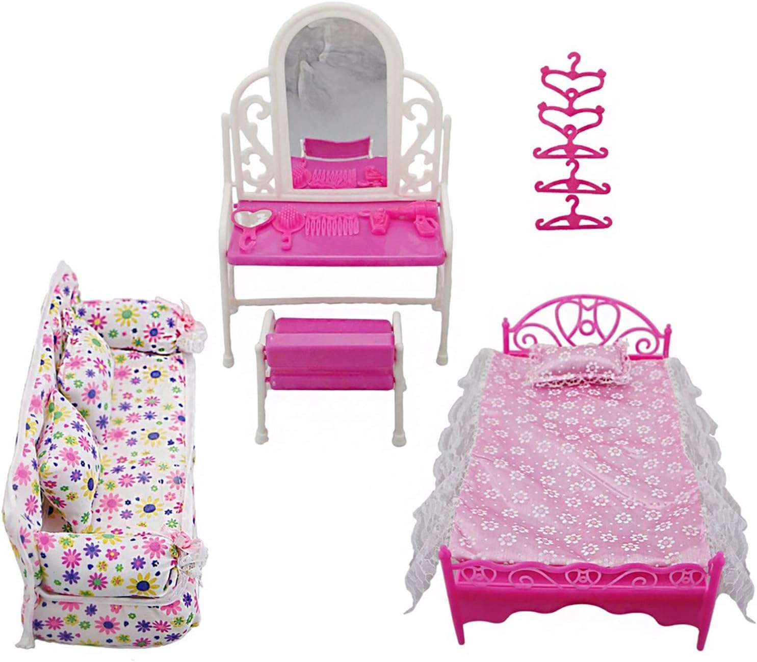 Barbie - ensemble 8 pièces de meubles de princesse avec lit, canapé, commode et cintres