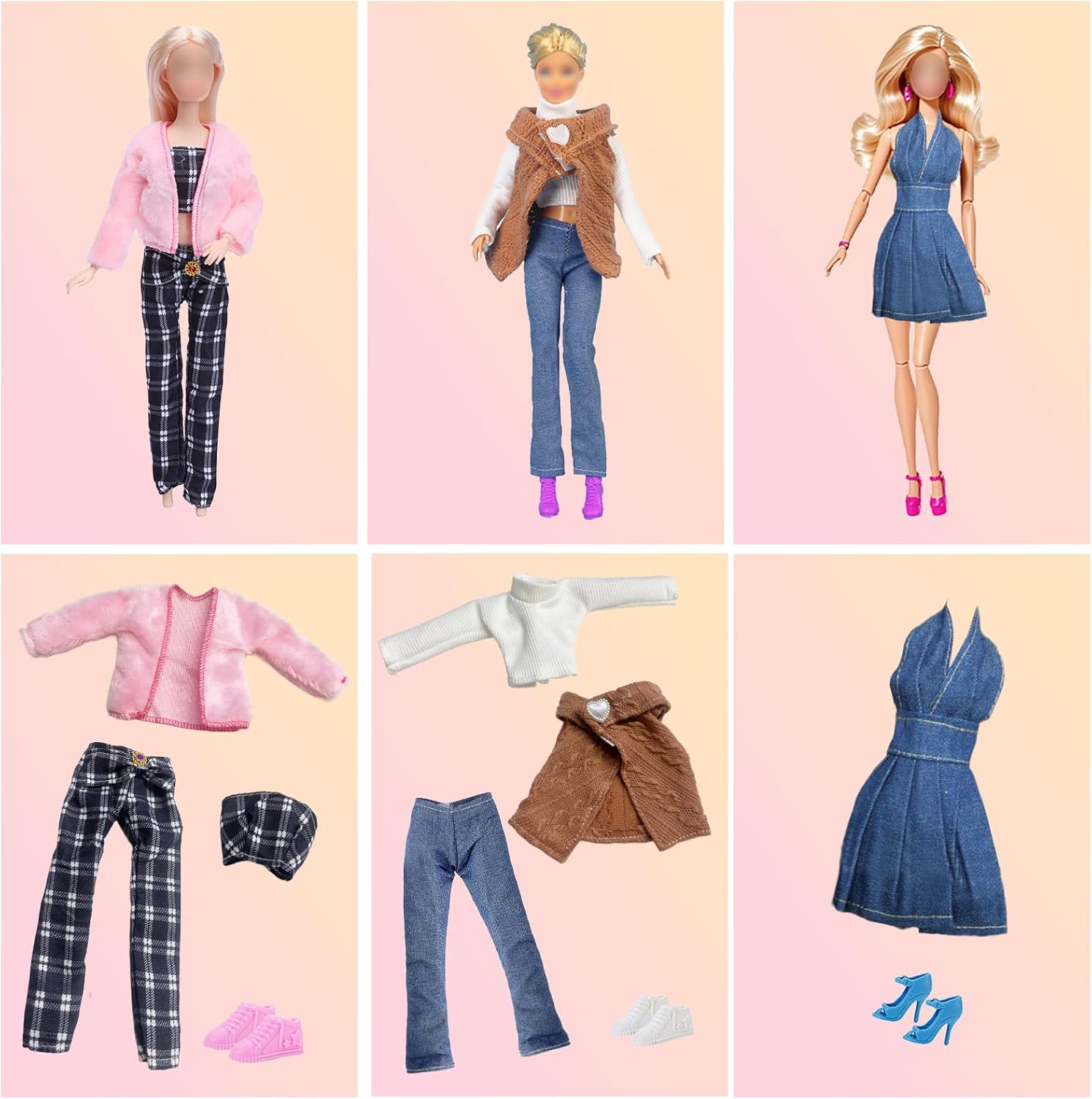 Lot Barbie de 19 vêtements de poupée avec vestes en peluche, robe en jean et 7 chaussures – Image 4