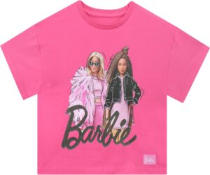 T-shirt rose Barbie fille avec impression pailletée noire