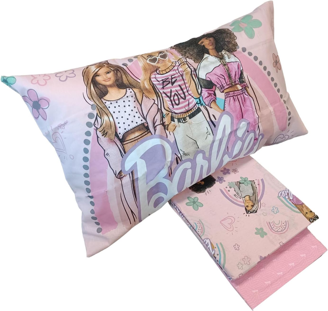 Drap de lit simple Barbie rose en 100 % coton avec taie d'oreiller – Image 2