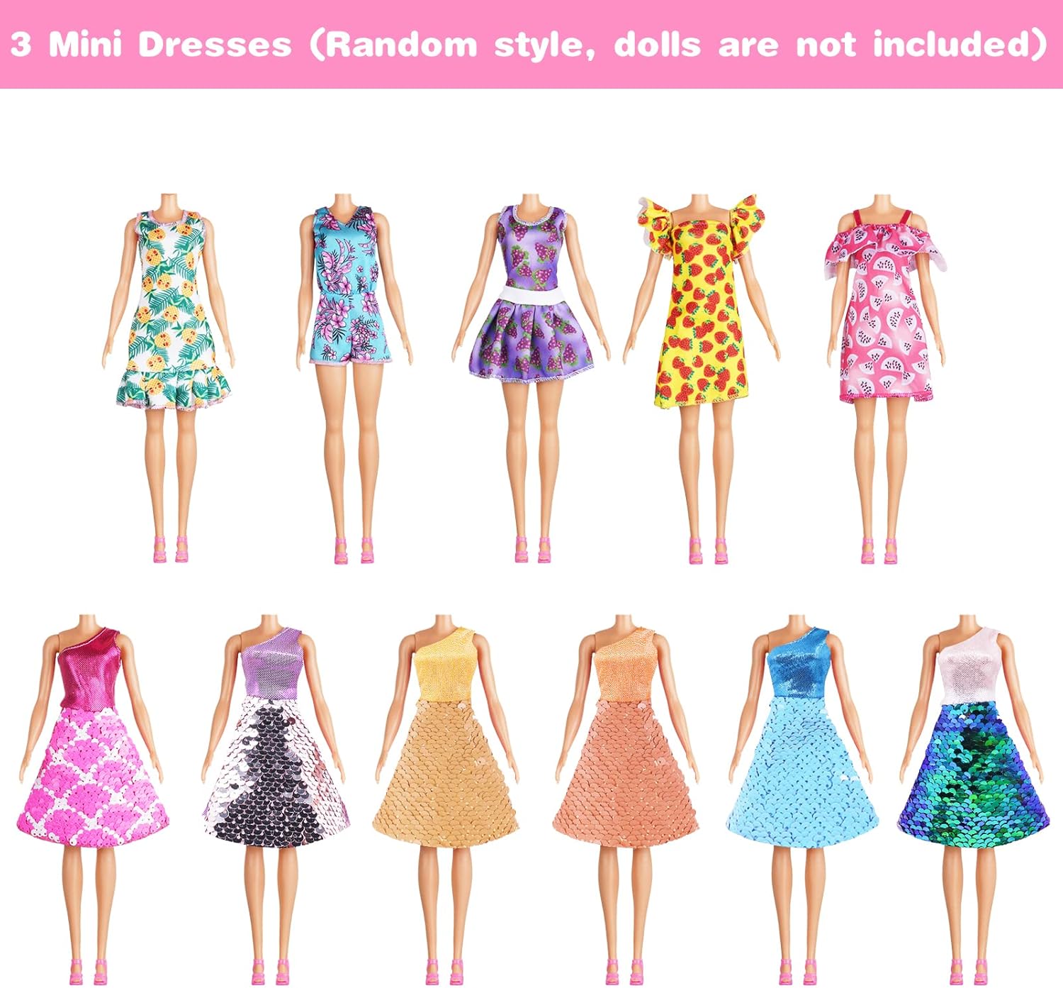Barbie lot de 12 vêtements pour poupée avec 3 robes à paillettes, 3 robes à fleurs et 6 ensembles – Image 6