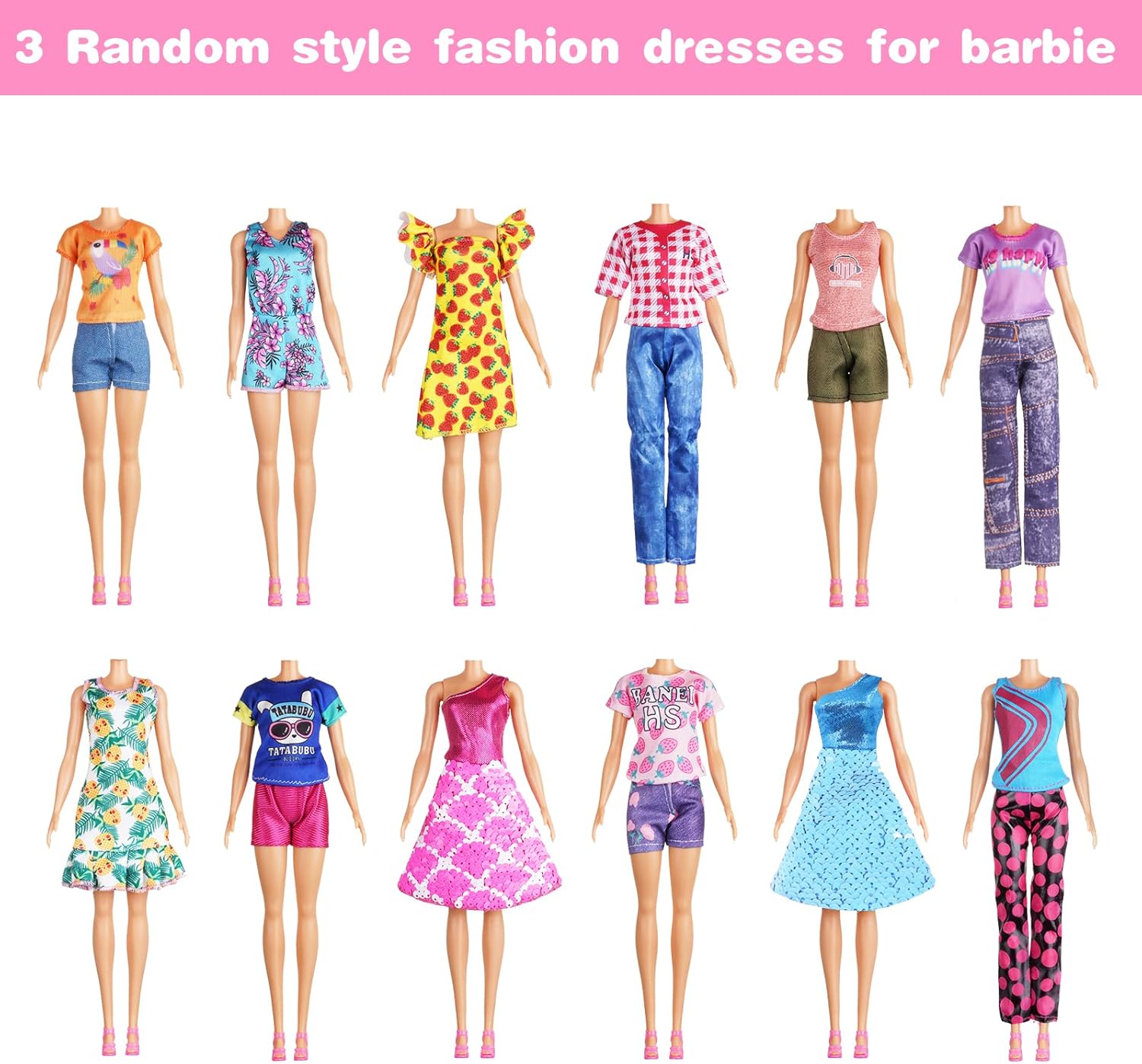 Barbie lot de 12 vêtements pour poupée avec 3 robes à paillettes, 3 robes à fleurs et 6 ensembles – Image 3