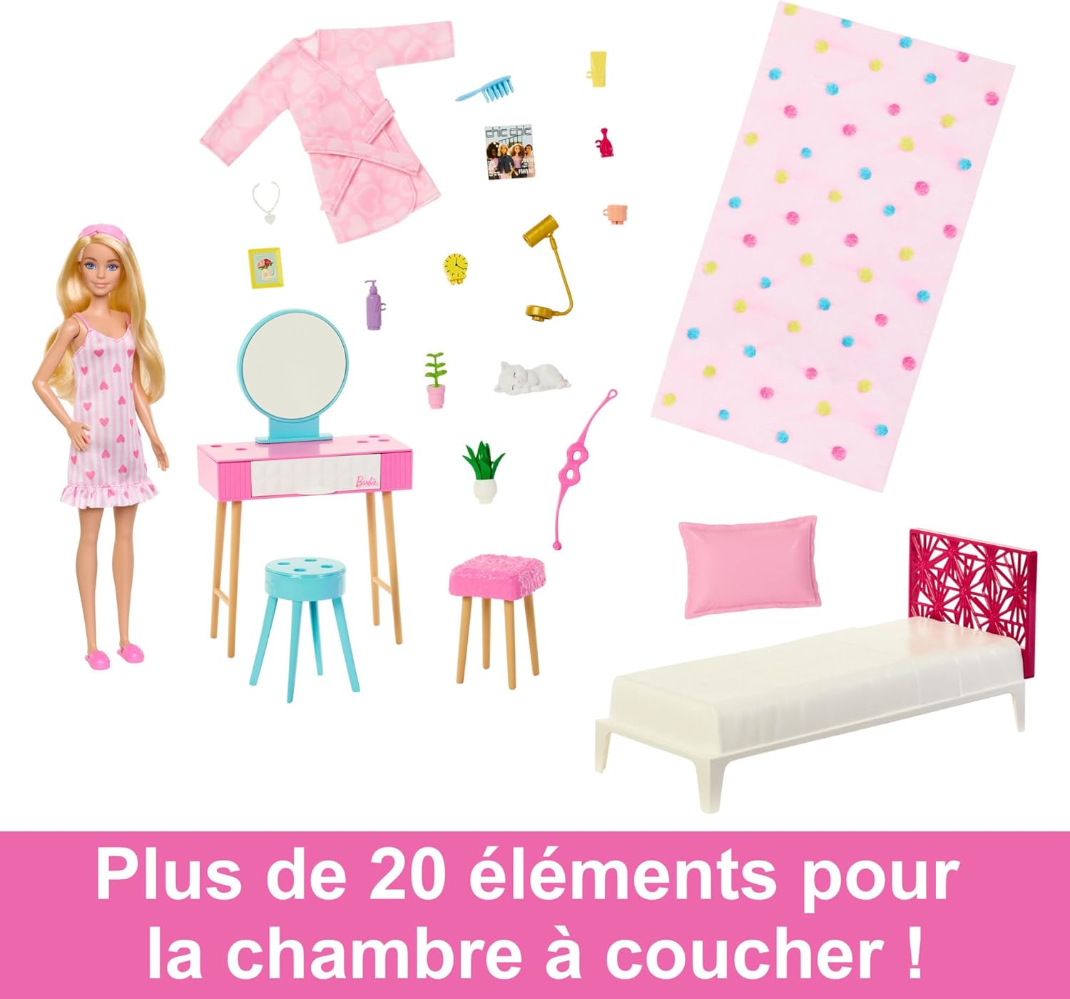 Coffret chambre Barbie avec poupée mannequin, lit, coiffeuse et chaton HPT55 – Image 6