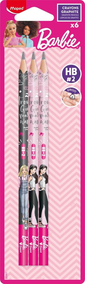 Lot de 6 crayons graphite HB #2 Barbie Maped à forme triangulaire ergonomique