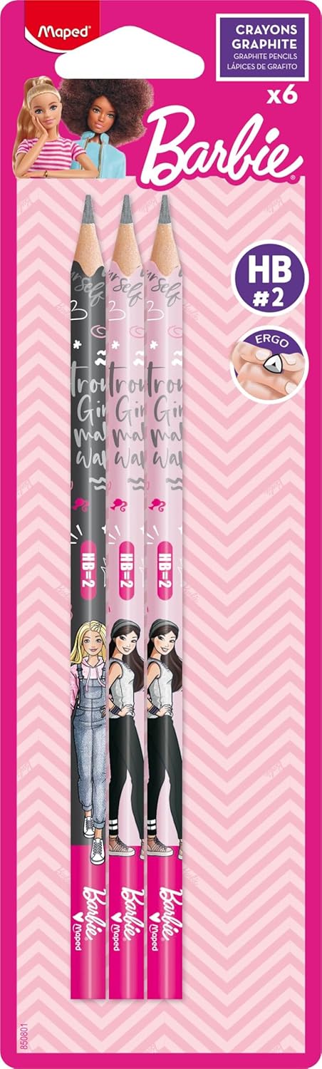 Lot de 6 crayons graphite HB #2 Barbie Maped à forme triangulaire ergonomique
