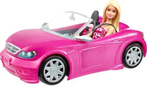 Barbie cabriolet rose décapotable avec deux sièges noirs, poupée incluse DJR55