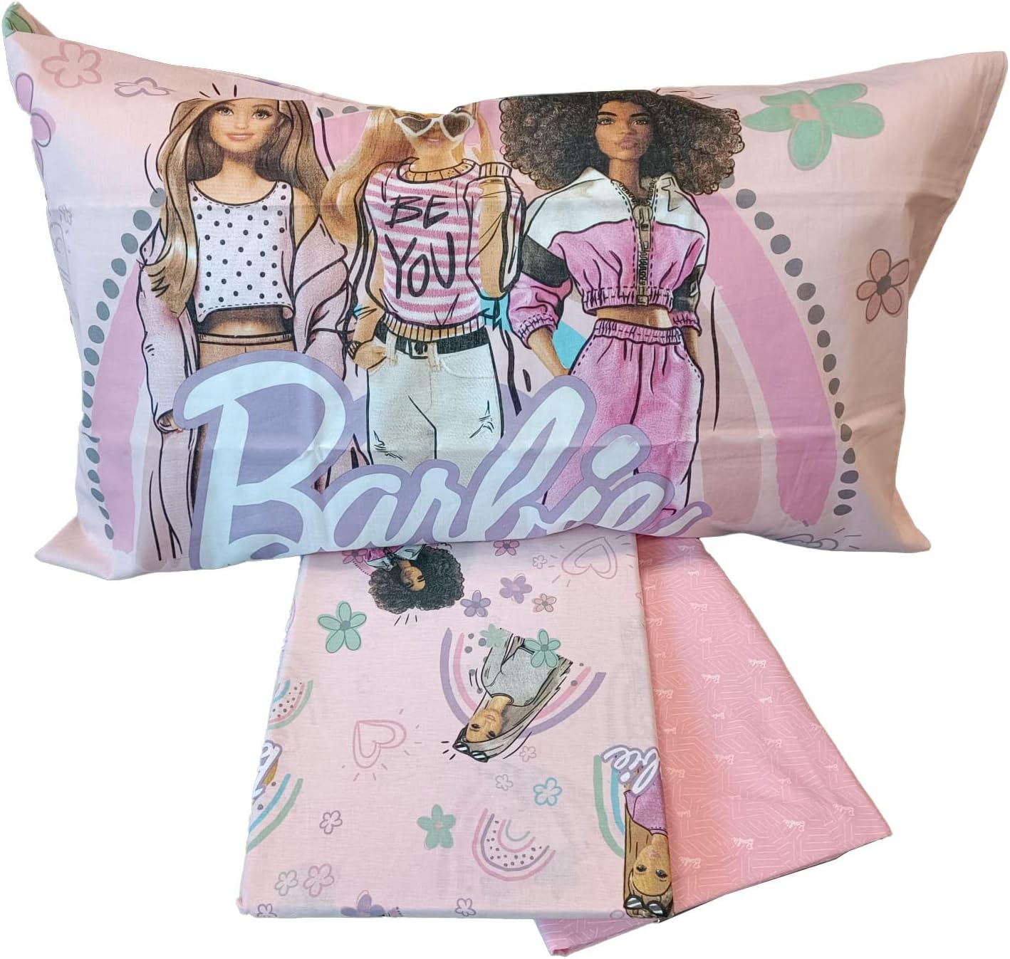 Drap de lit simple Barbie rose en 100 % coton avec taie d'oreiller – Image 4