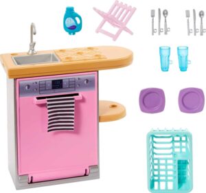 Barbie HJV34, set de cuisine avec poupée, lave-vaisselle et accessoires