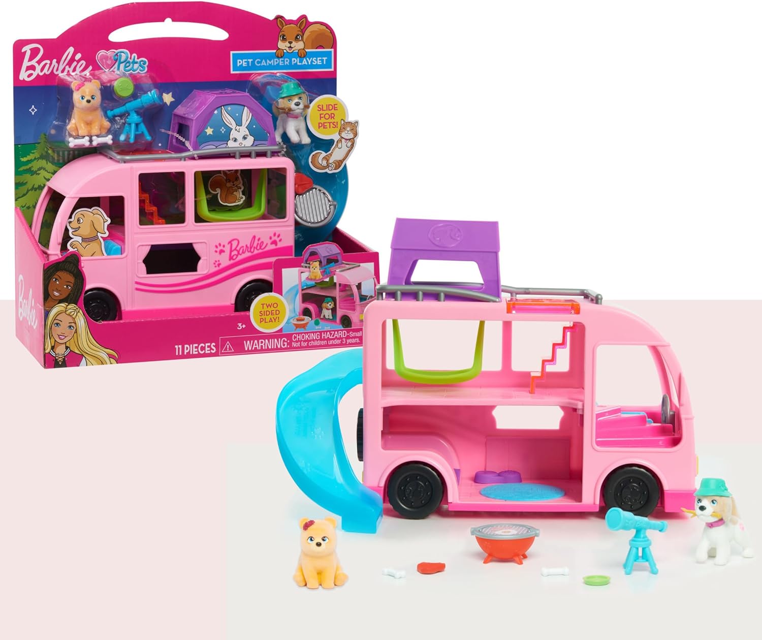 Camping-car Barbie avec 2 figurines d’animaux et 11 accessoires