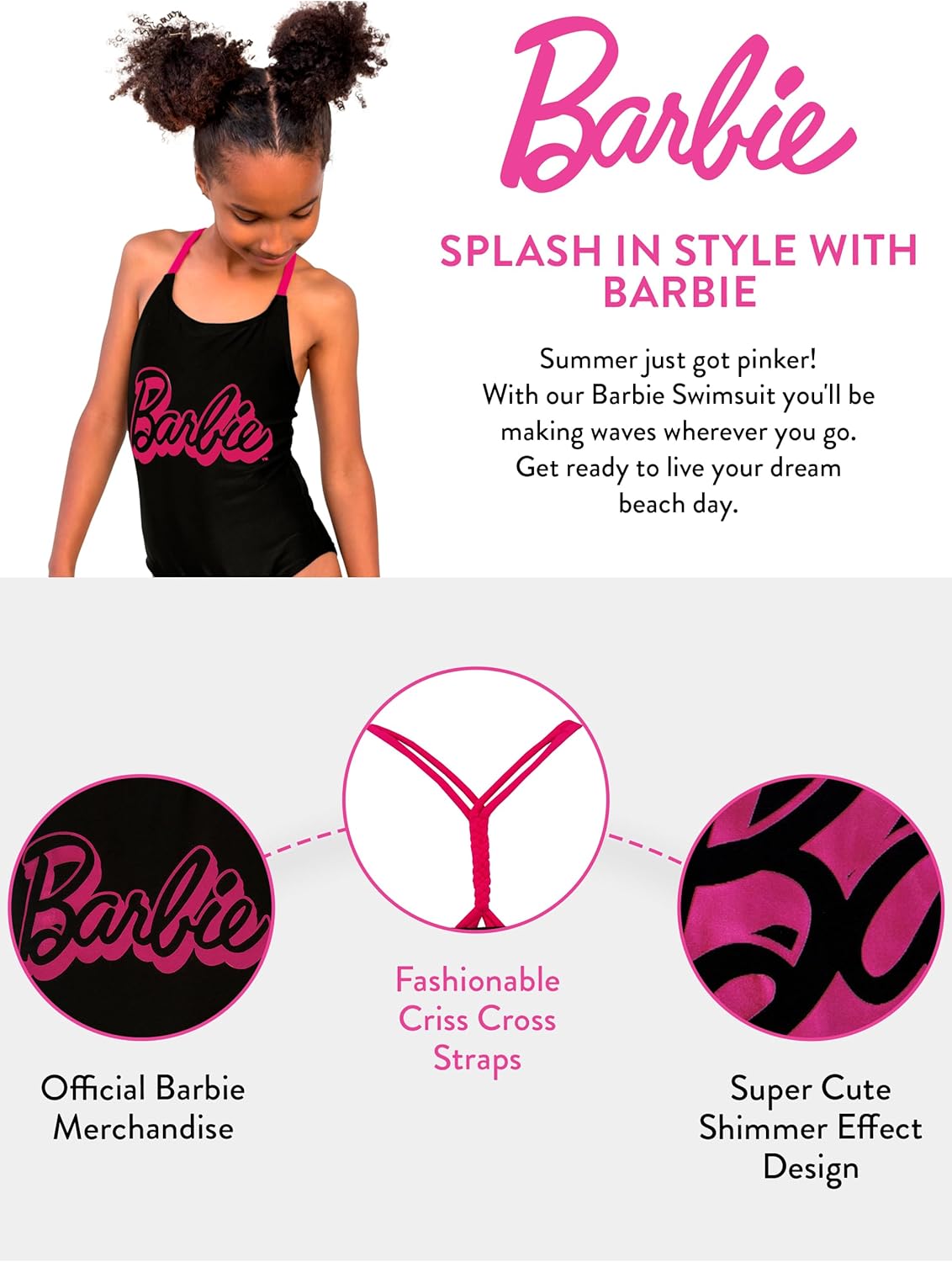 Maillot de bain Barbie 1 pièce fille, logo rose, 3 à 10 ans – Image 3