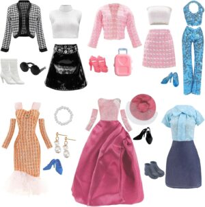 Set de mode Barbie robe rose, 5 tenues, 6 paires de chaussures et valise
