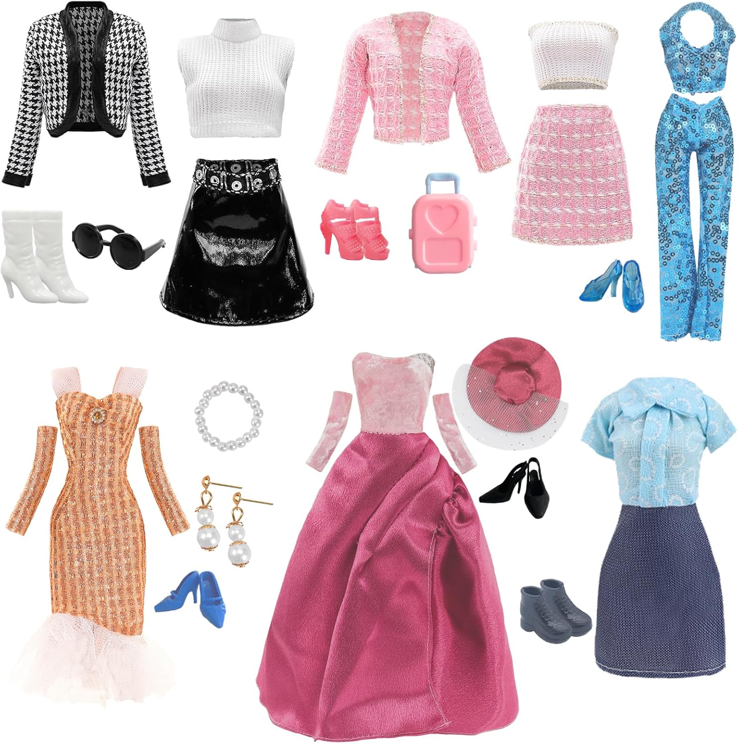 Set de mode Barbie robe rose, 5 tenues, 6 paires de chaussures et valise