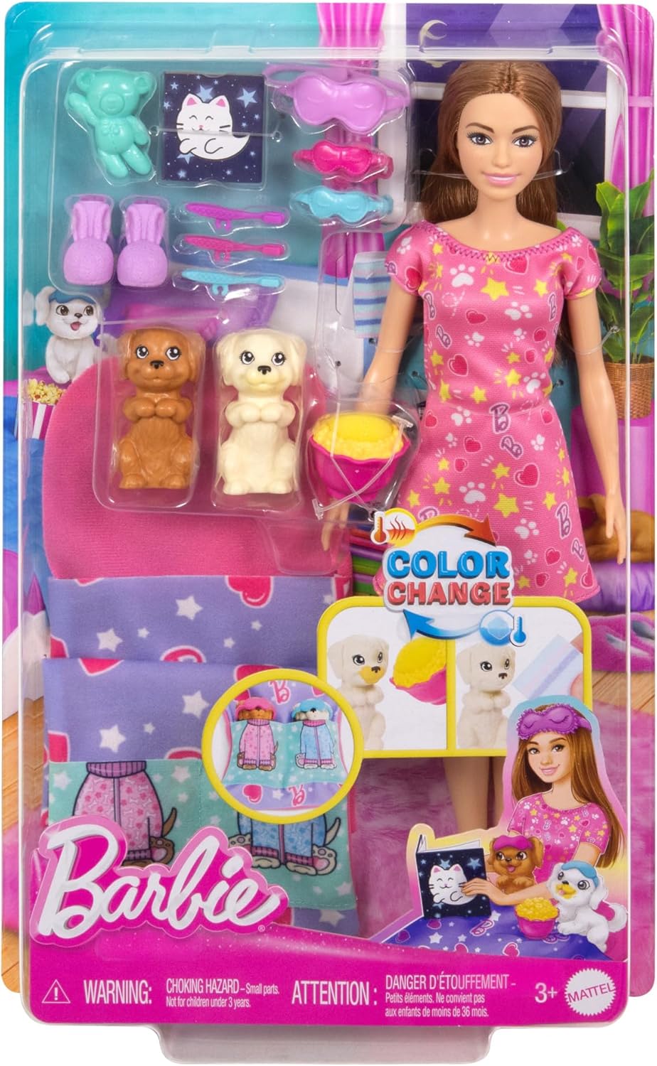 Barbie coffret soirée pyjama avec 2 chiots et changement de couleur HXN01 – Image 6