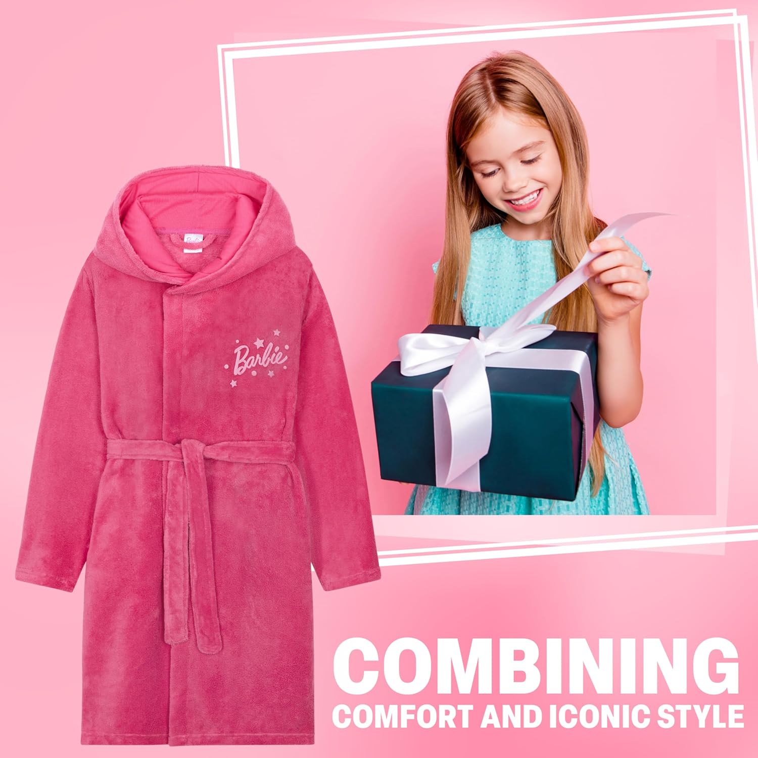 Peignoir Barbie fille à capuche avec ceinture – Image 3