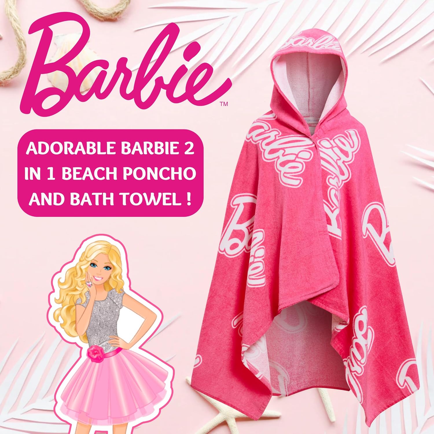 Serviette poncho à capuche Barbie rose 2 en 1 en 100% coton – Image 2
