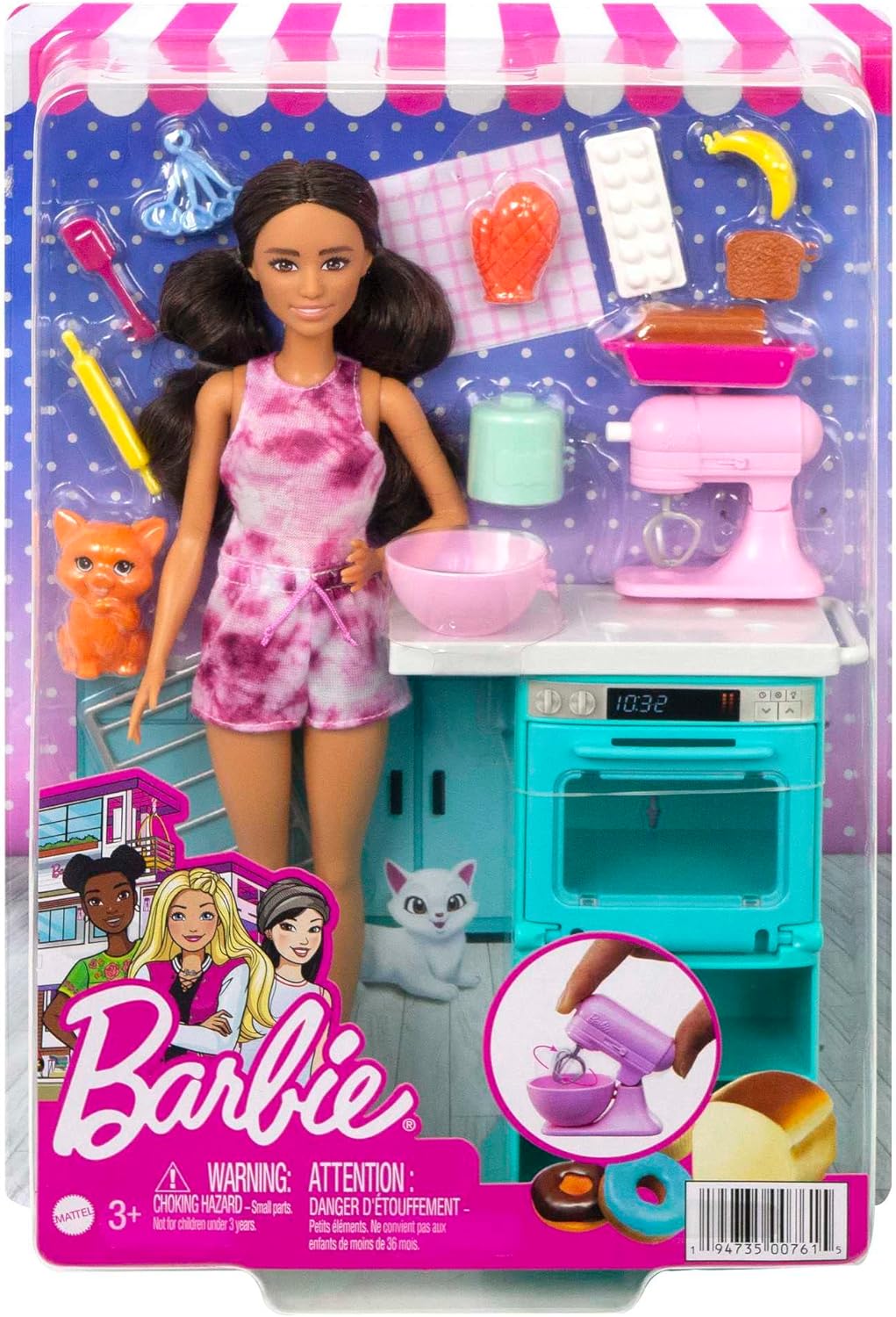 Barbie Pâtissière brune 26 cm avec four, robot pâtissier et chaton HCD44 – Image 7