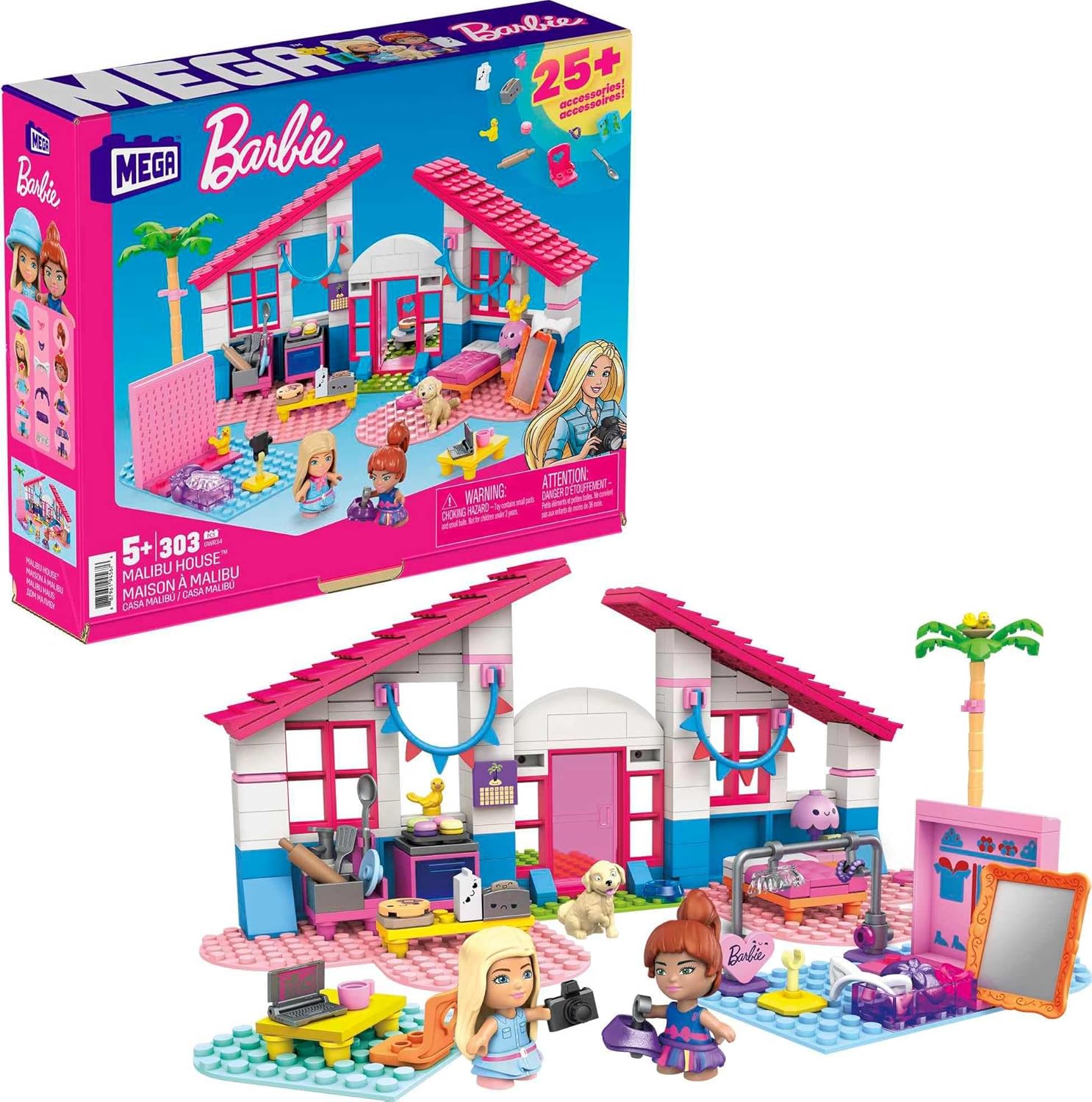 Maison de Malibu Barbie Mega, 303 pièces avec 2 mini-figurines