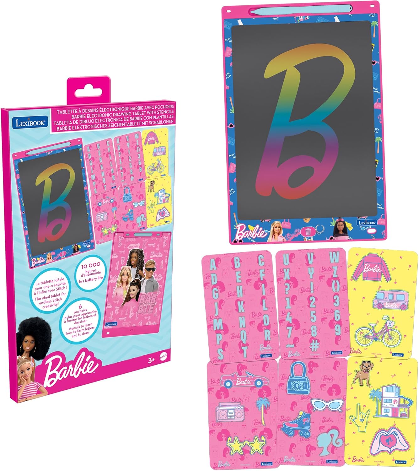 Ardoise magique Barbie Lexibook avec écran 28 cm, 1 stylet et 6 pochoirs
