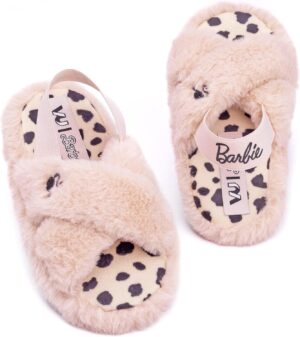 Chaussons Barbie fille à brides croisées, effet fluffy