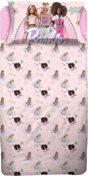Drap de lit simple Barbie rose en 100 % coton avec taie d'oreiller