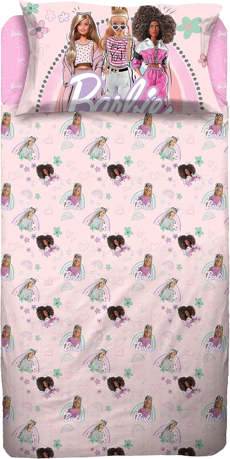 Drap de lit simple Barbie rose en 100 % coton avec taie d'oreiller