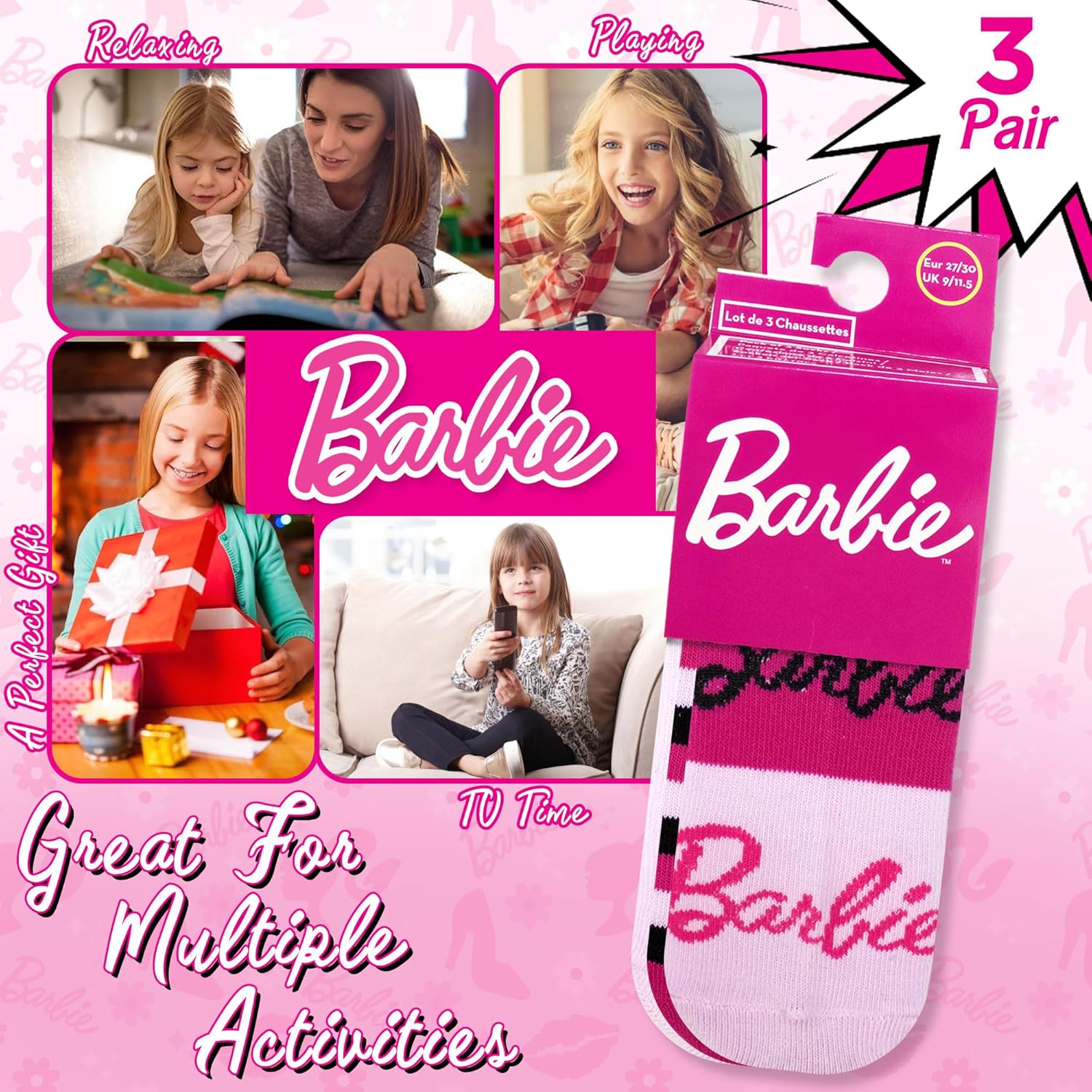 Chaussettes Barbie en coton pour fille, lot de 3 paires noir 23-26 – Image 3