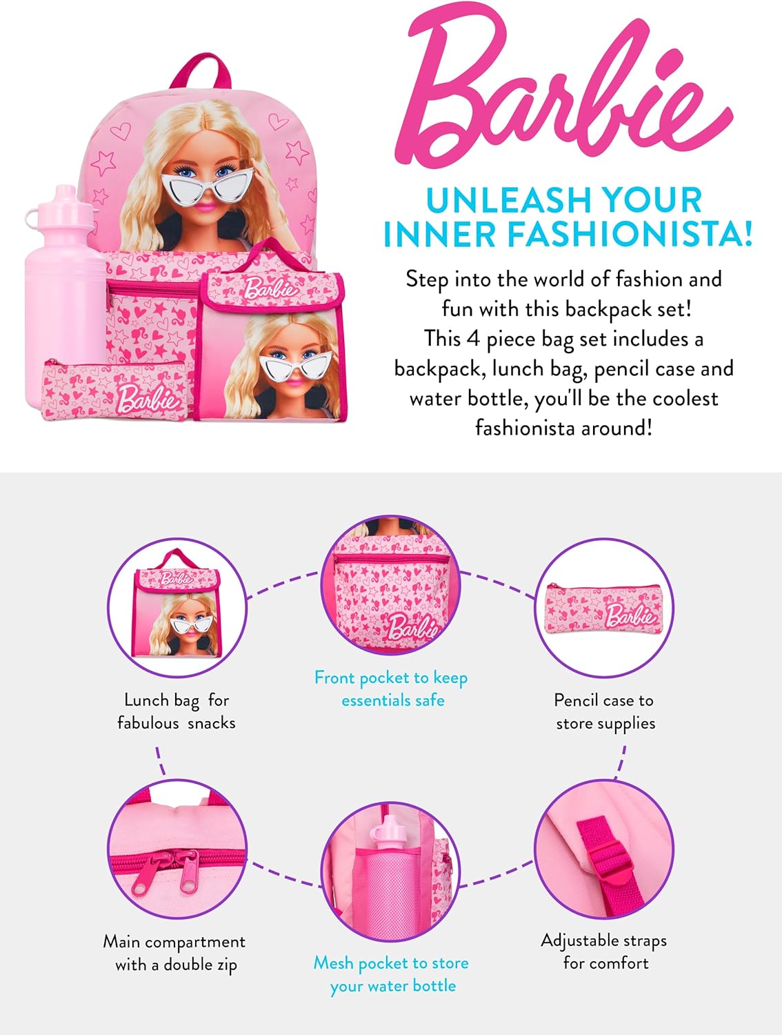 Ensemble cartable Barbie rose avec sac lunch, trousse et bouteille – Image 6