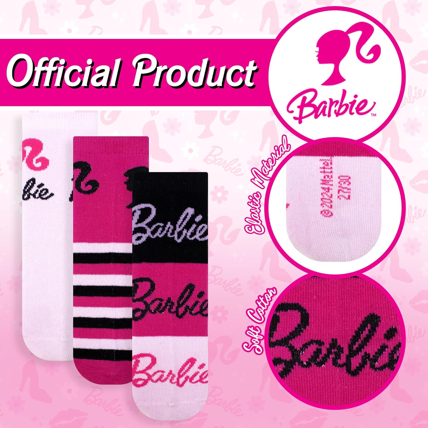 Chaussettes Barbie en coton pour fille, lot de 3 paires noir 23-26 – Image 2