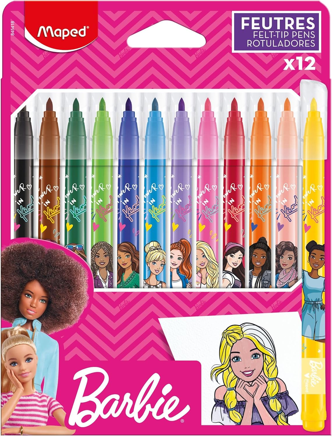 Barbie x Maped, 12 feutres de coloriage décorés à encre lavable