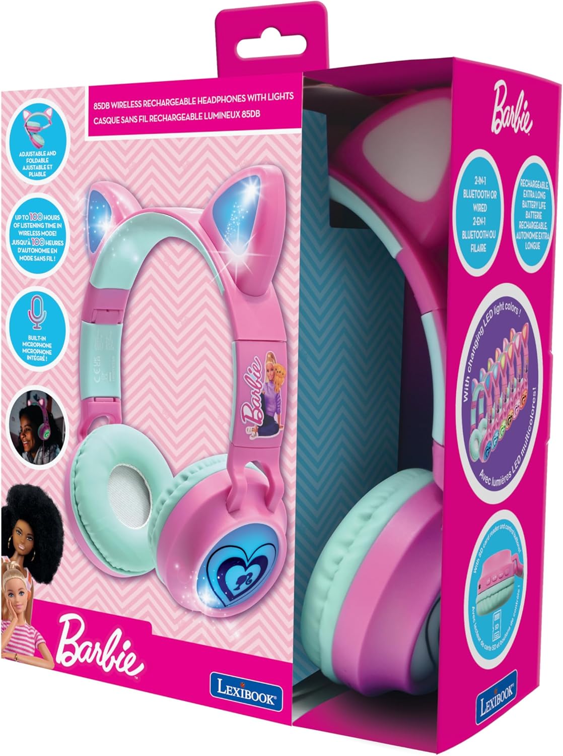 Casque audio Barbie 2-en-1 Bluetooth 5.3 et filaire avec oreilles de chat LED – Image 5