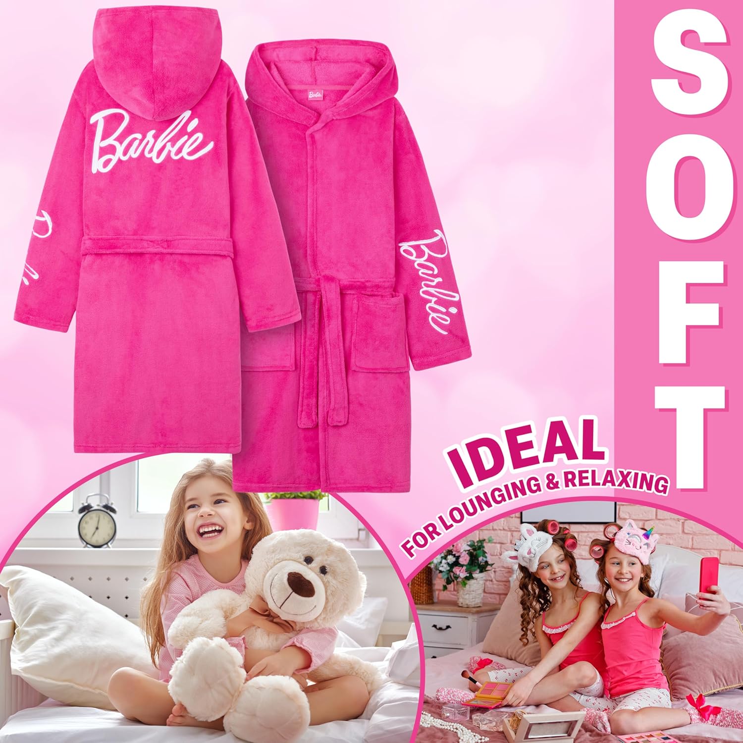 Peignoir polaire Barbie à capuche avec ceinture pour fille et ado – Image 2