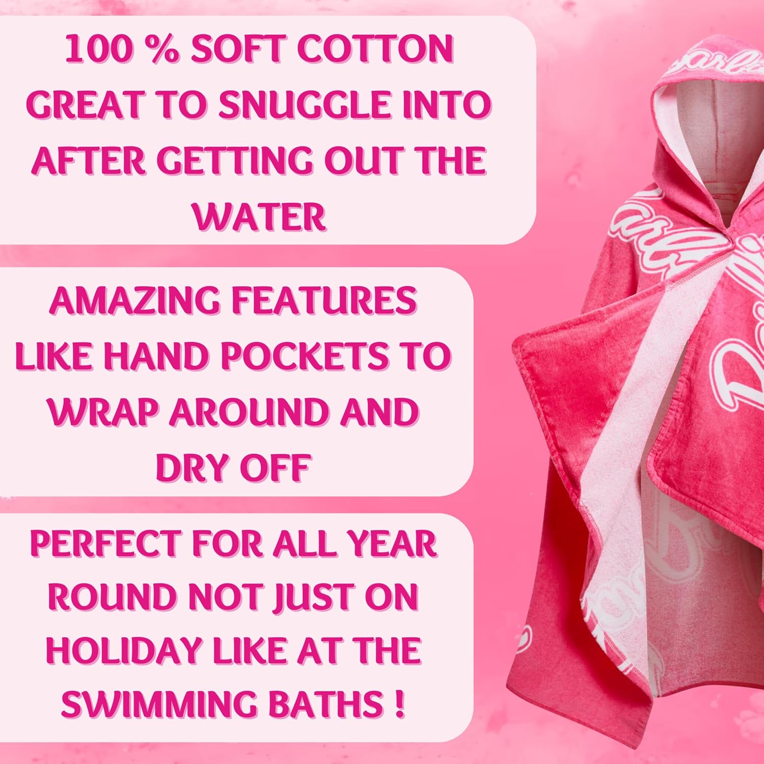 Serviette poncho à capuche Barbie rose 2 en 1 en 100% coton – Image 4