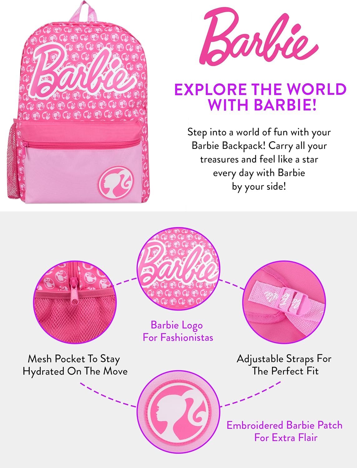 Sac à dos Barbie rose à imprimé silhouettes, taille unique – Image 6