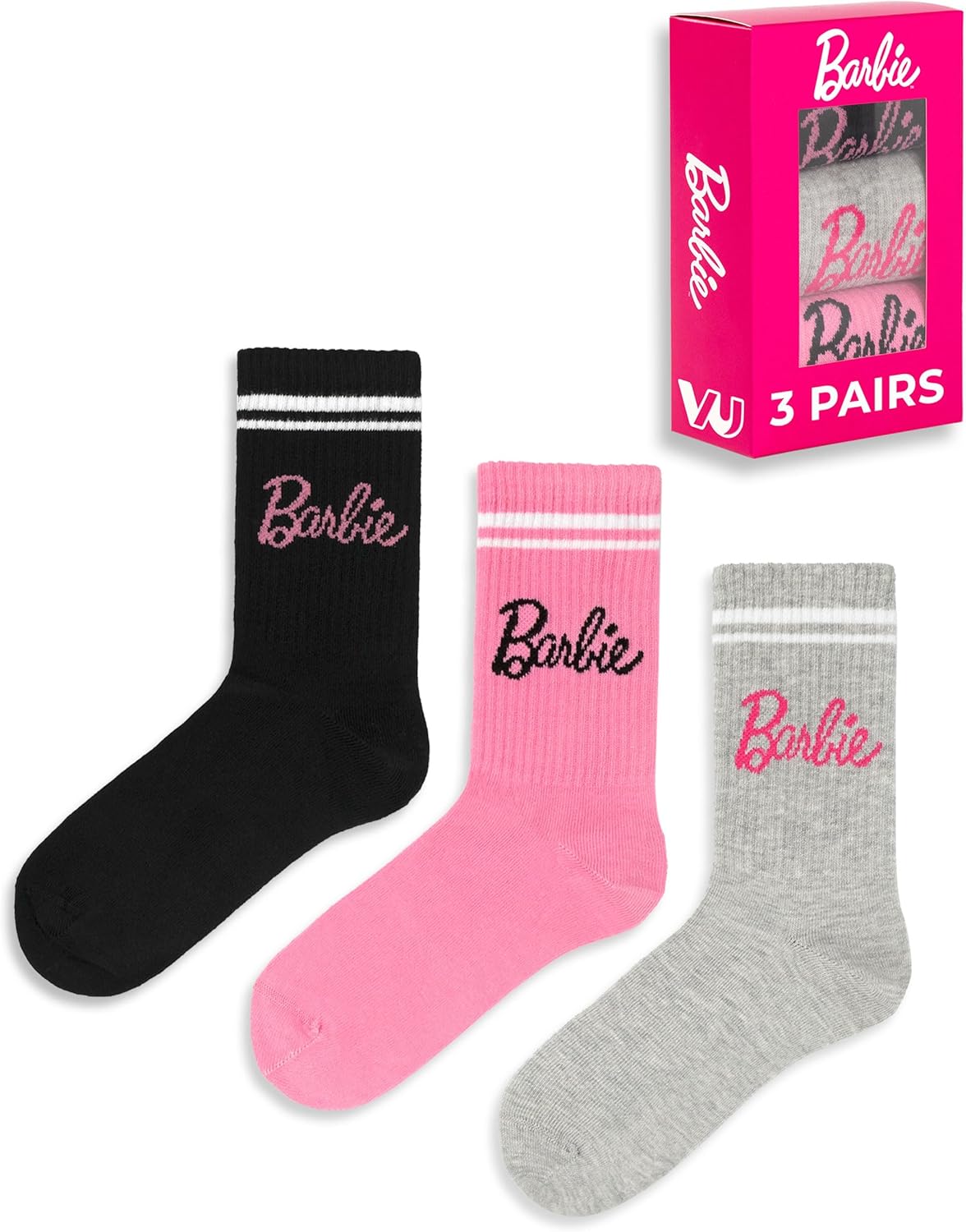 Lot de 3 chaussettes Barbie pour femme en rose, gris et noir